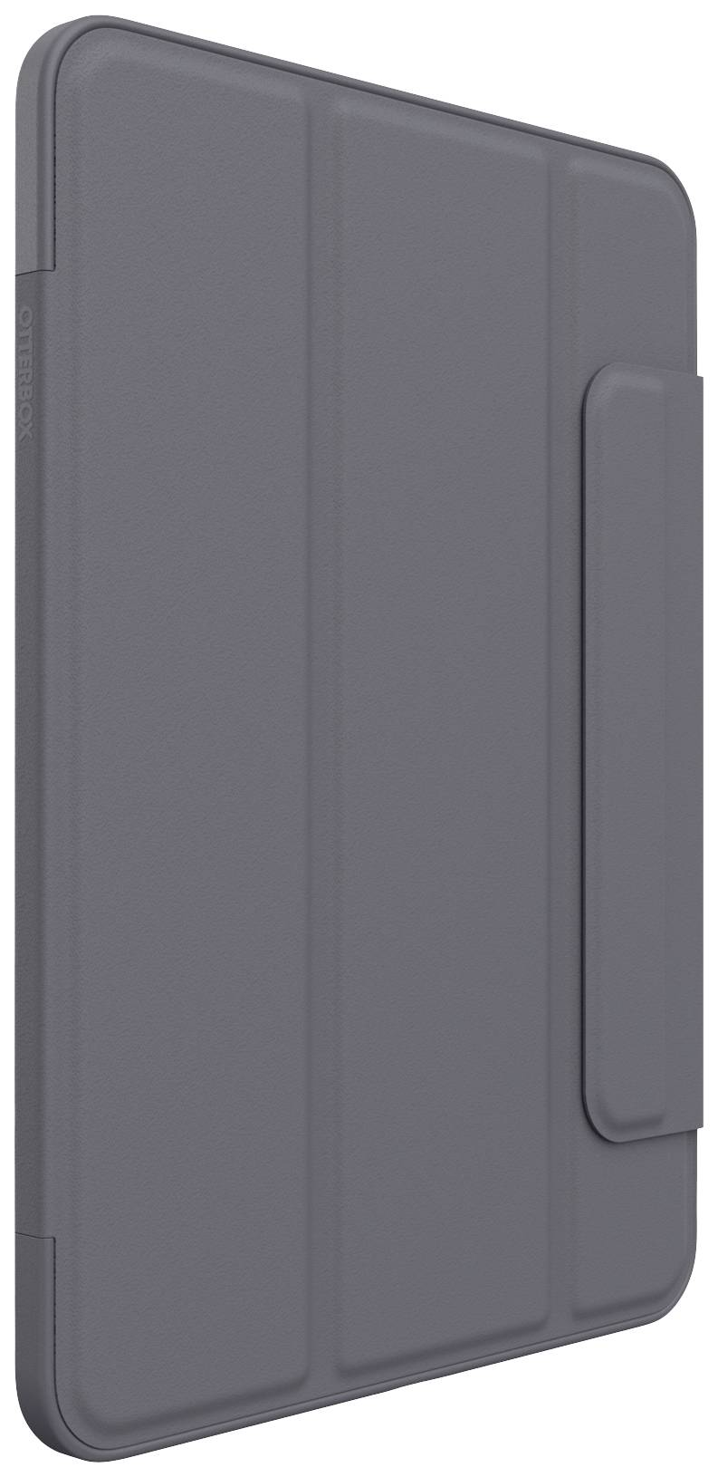 Graue Tablet-Hülle mit Klappdesign, das Schutz und Standfunktion bietet. Sie ist schlank, minimalistisch und funktional gestaltet.