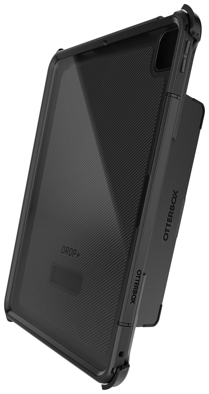 Schwarze OtterBox-Schutzhülle für Tablets, zeigt robustes Design mit Drop+-Schutz. Geeignet für Stöße und Schutz des Geräts.