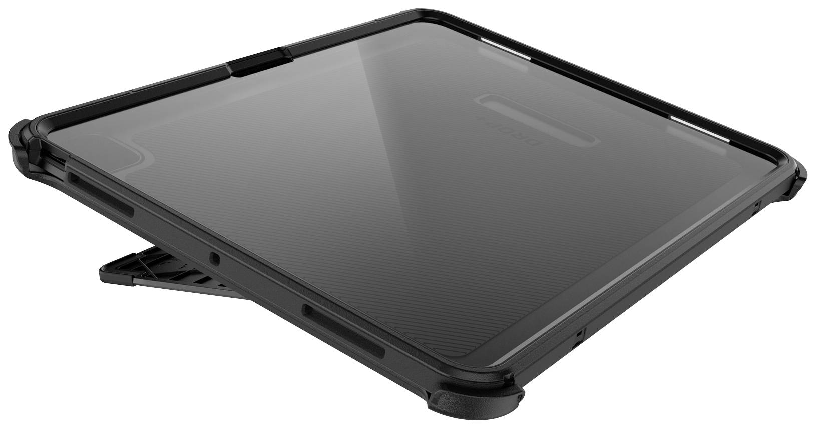 Eine schwarze Tablet-Schutzhülle mit integriertem Standfuß, die das Gerät stabil hält und Schutz vor Stößen bietet.