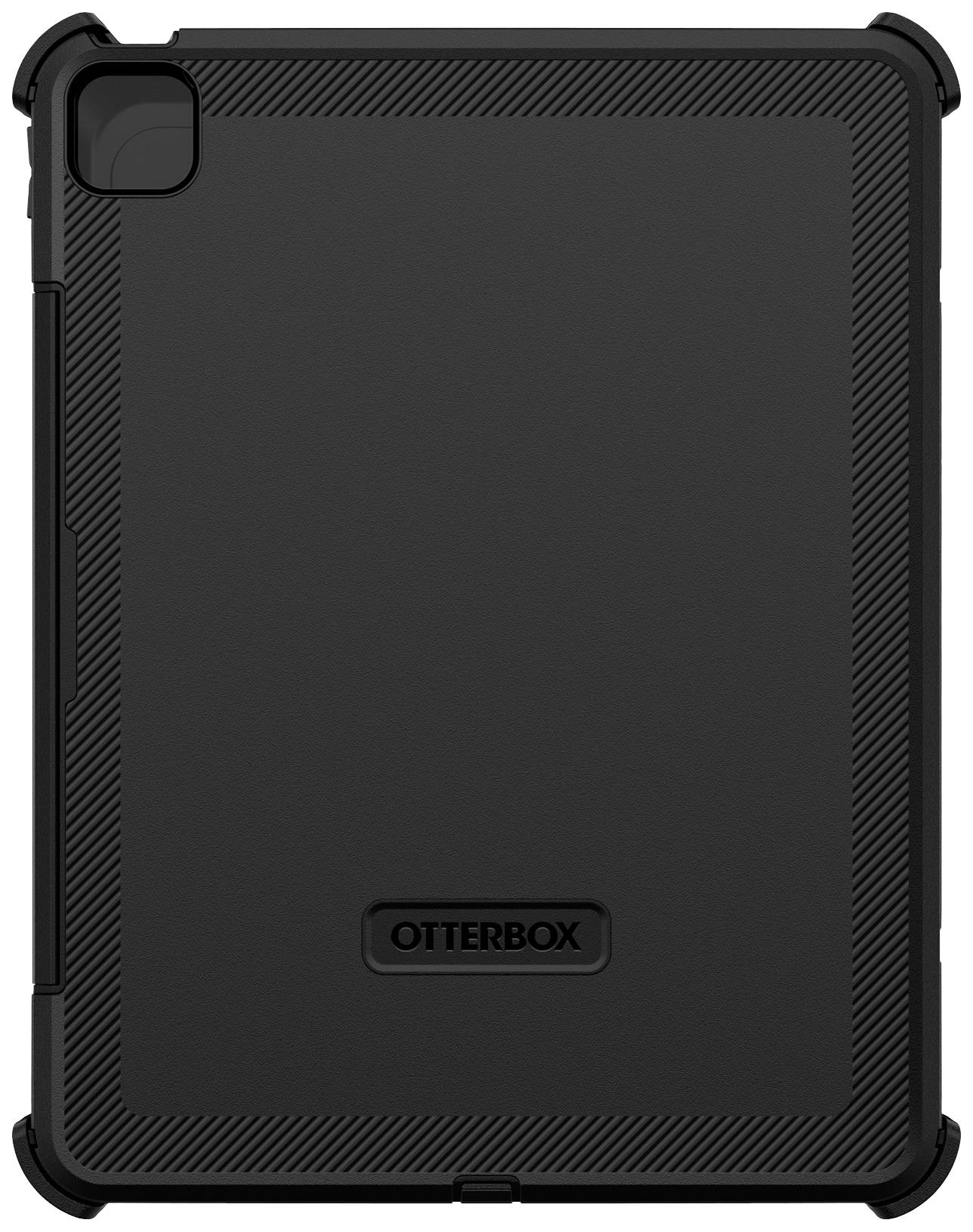 Eine schwarze OtterBox-Schutzhülle für ein Tablet, robust konstruiert, zeigt ein strukturiertes Muster auf der Rückseite.