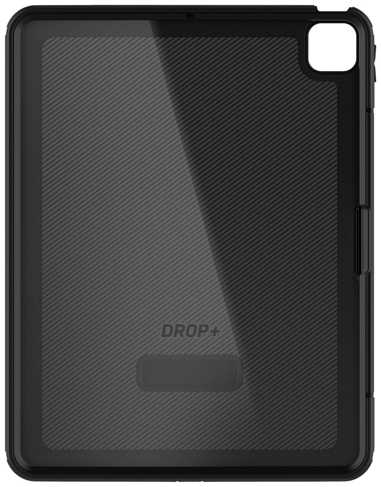 Schwarzes Tablet-Etui mit diagonalen Streifen und der Aufschrift 'DROP+'.