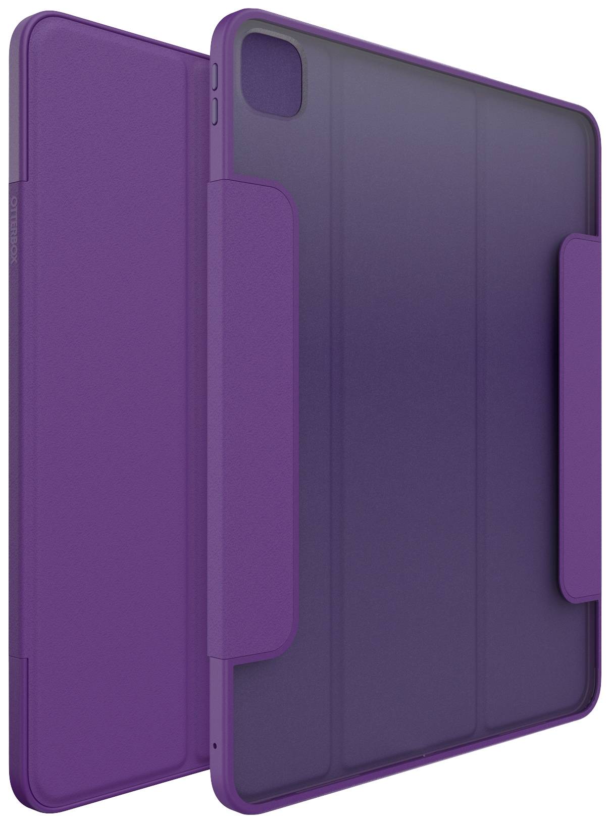 Lila Tablet-Hülle mit Magnetverschluss, offen und geschlossen gezeigt.