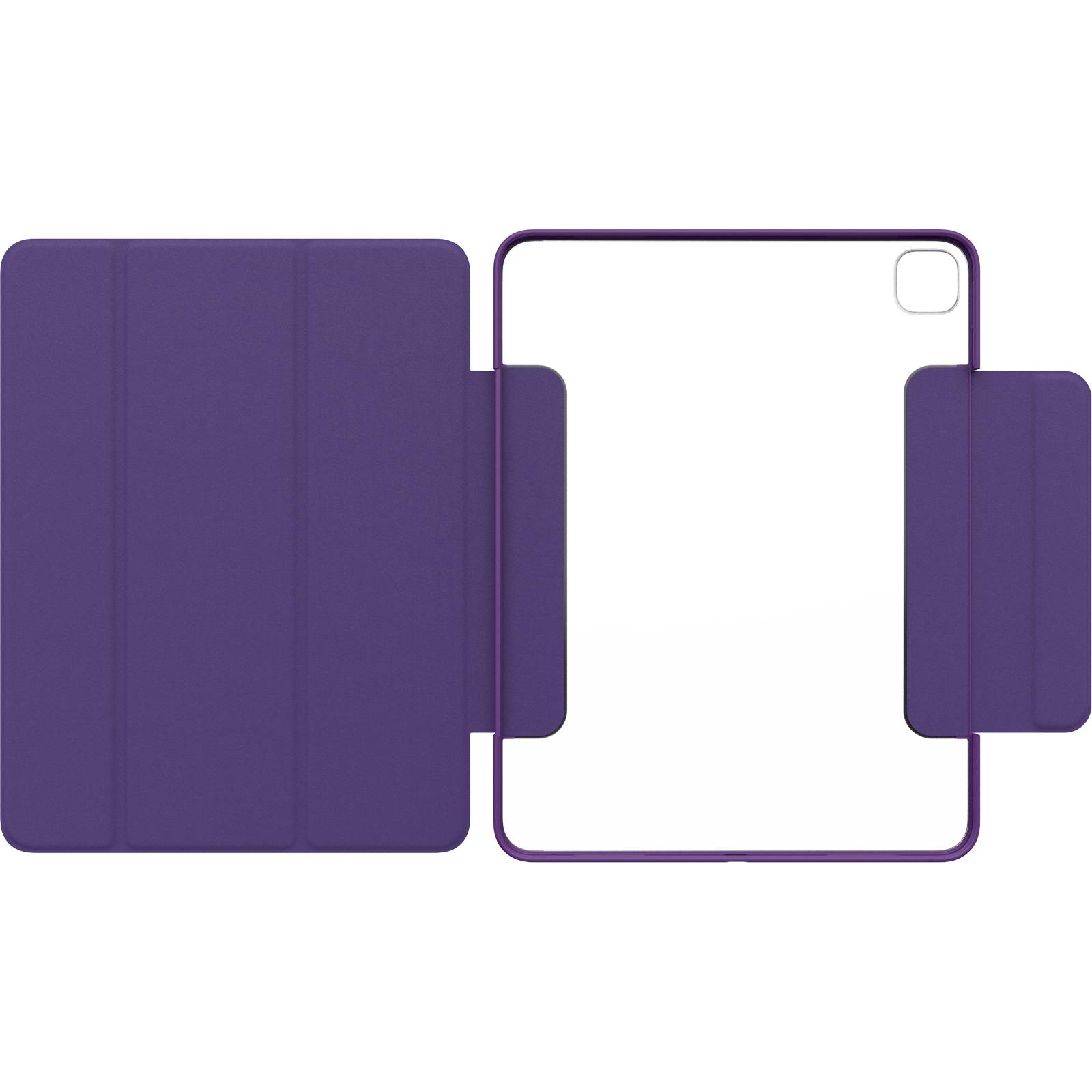 Lilafarbene Tablet-Hülle für ein iPad, teils geöffnet. Links ein dreifach gefalteter Deckel, rechts klare Rückseite mit Kameraausschnitt.
