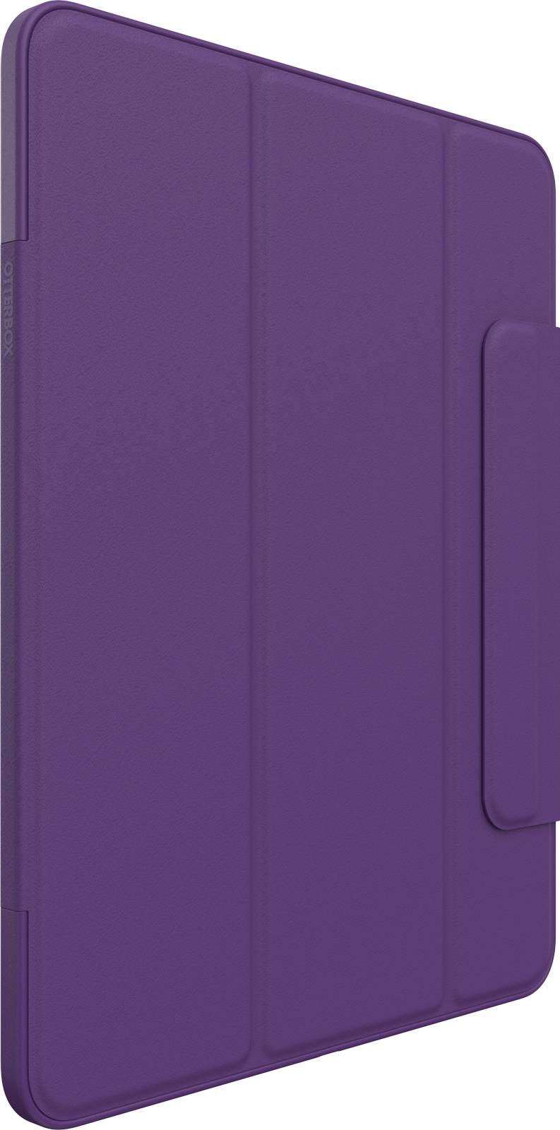 Lila Schutzhülle für ein Tablet, zeigt die Rückseite mit einer Klappe zum Verschließen.