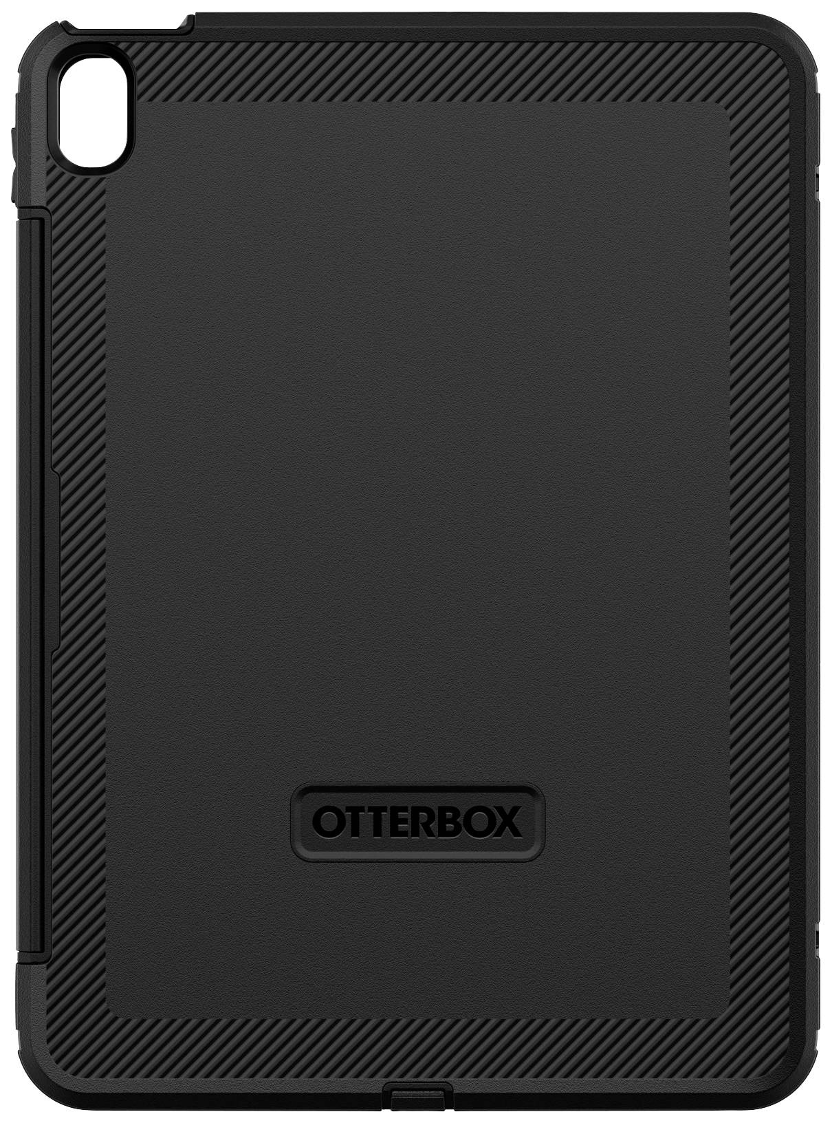 Schwarze Tablet-Hülle mit robustem Design und markiertem 'OtterBox'-Logo in der Mitte; für den Schutz des Geräts gedacht.