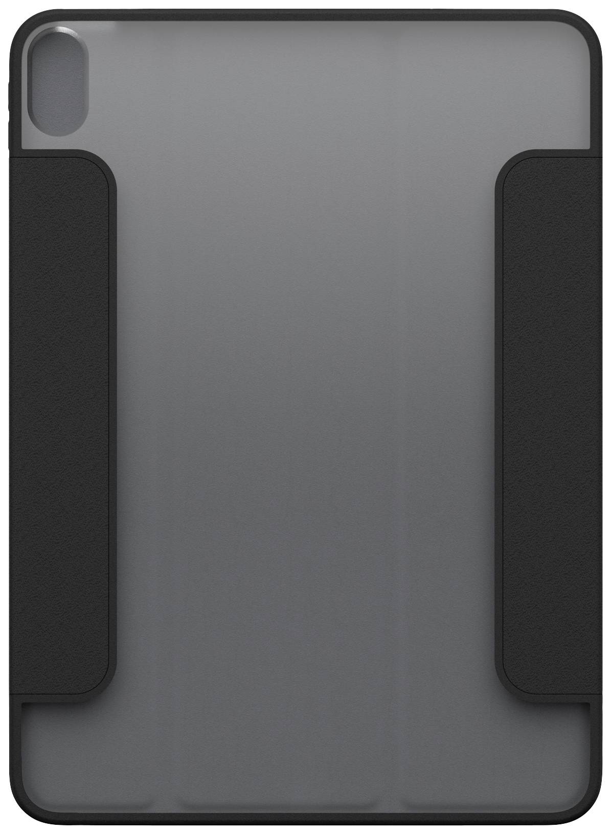 Eine schwarze Tablet-Hülle mit einer transparenten Rückseite, die für den Schutz eines Tablets konzipiert ist.