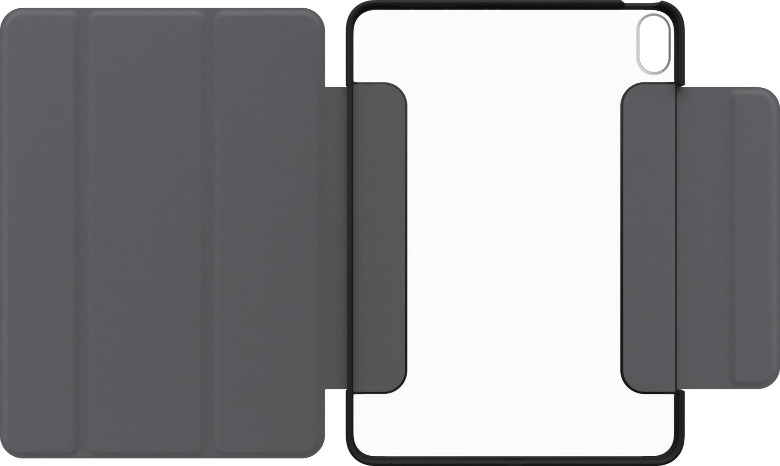 Schutzhülle für Tablet, geöffnet, mit schwarzem Rahmen und grauen Klappen, passend für ein Gerät mit Kameraaussparung oben rechts.