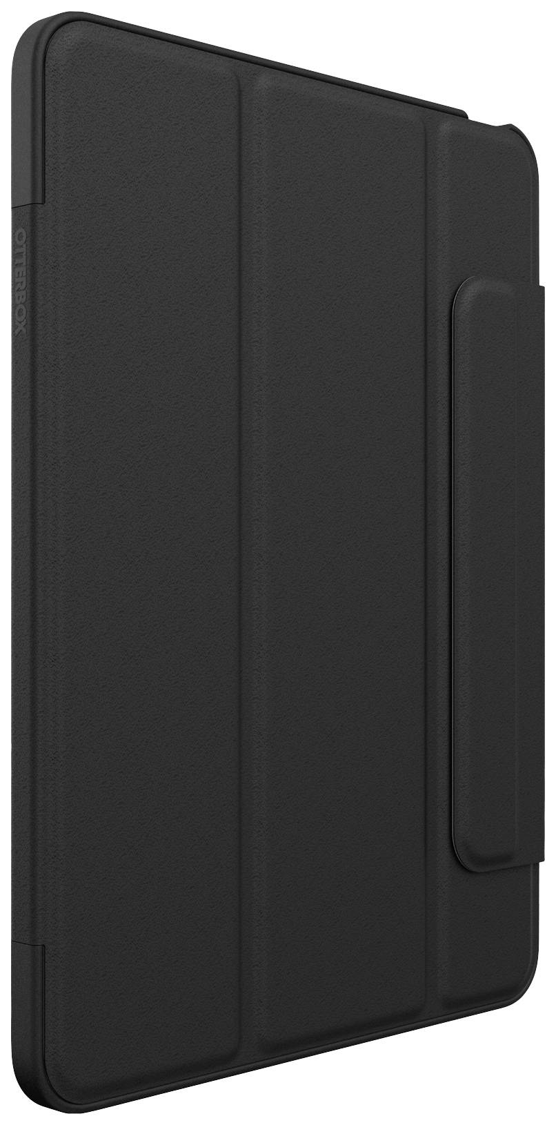 Schwarze Hülle für ein Tablet im aufgeklappten Zustand, bietet Schutz und hat eine Stütze für aufrechte Positionierung.