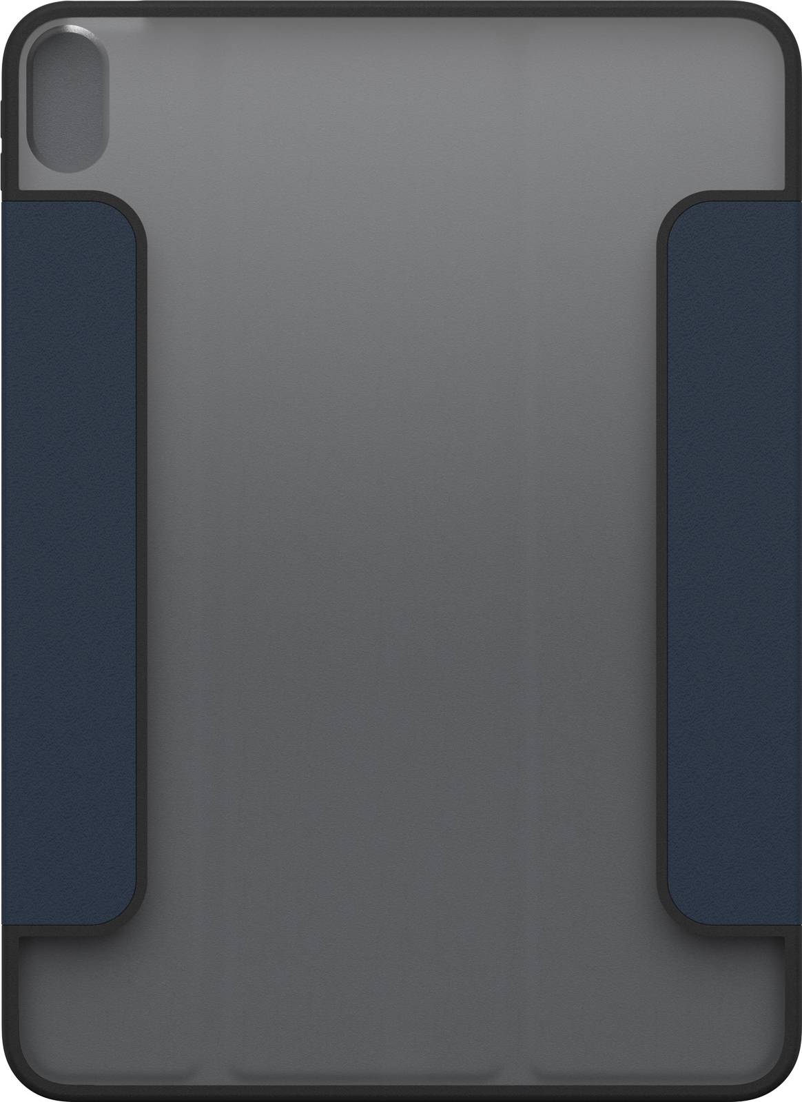 Eine dunkle Schutzhülle für ein Tablet, zeigt die Rückseite mit abgerundeten Ecken und Aussparung für die Kamera.