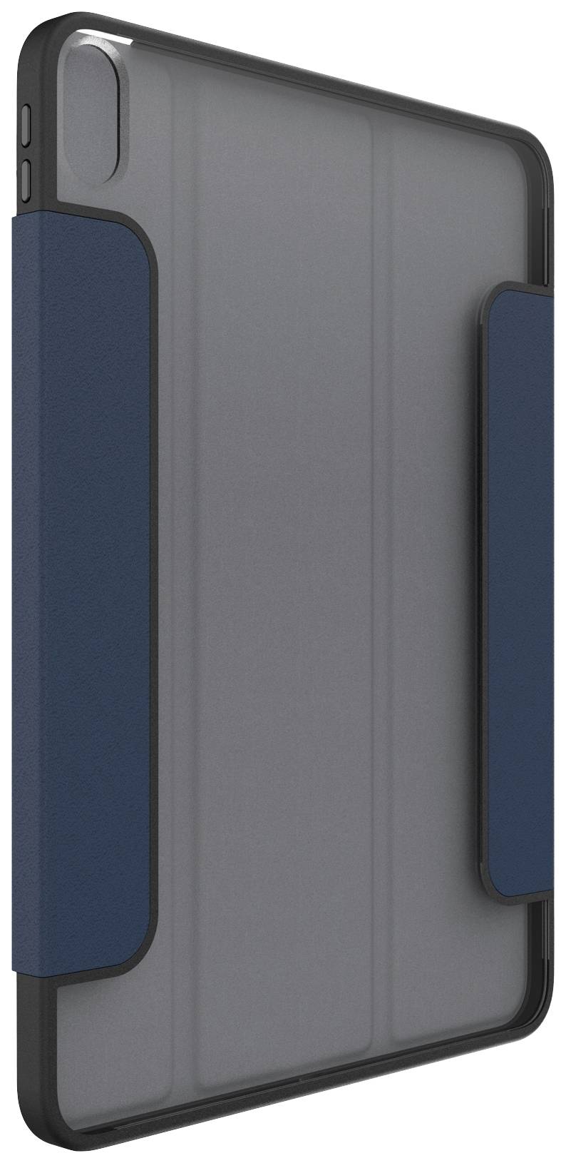 Eine Tablet-Hülle in Blau und Schwarz, stehend und geschlossen, zeigt eine minimalistische, schützende Designlösung.