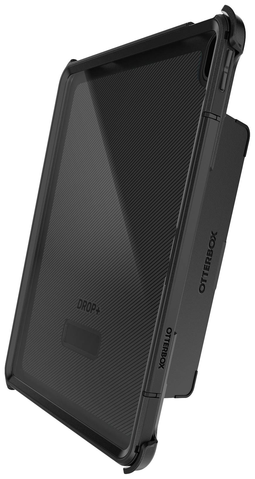 Schwarze OtterBox-Hülle für Tablets, mit robustem Design für optimalen Fallschutz, zeigt das Logo und eine strukturierte Oberfläche.