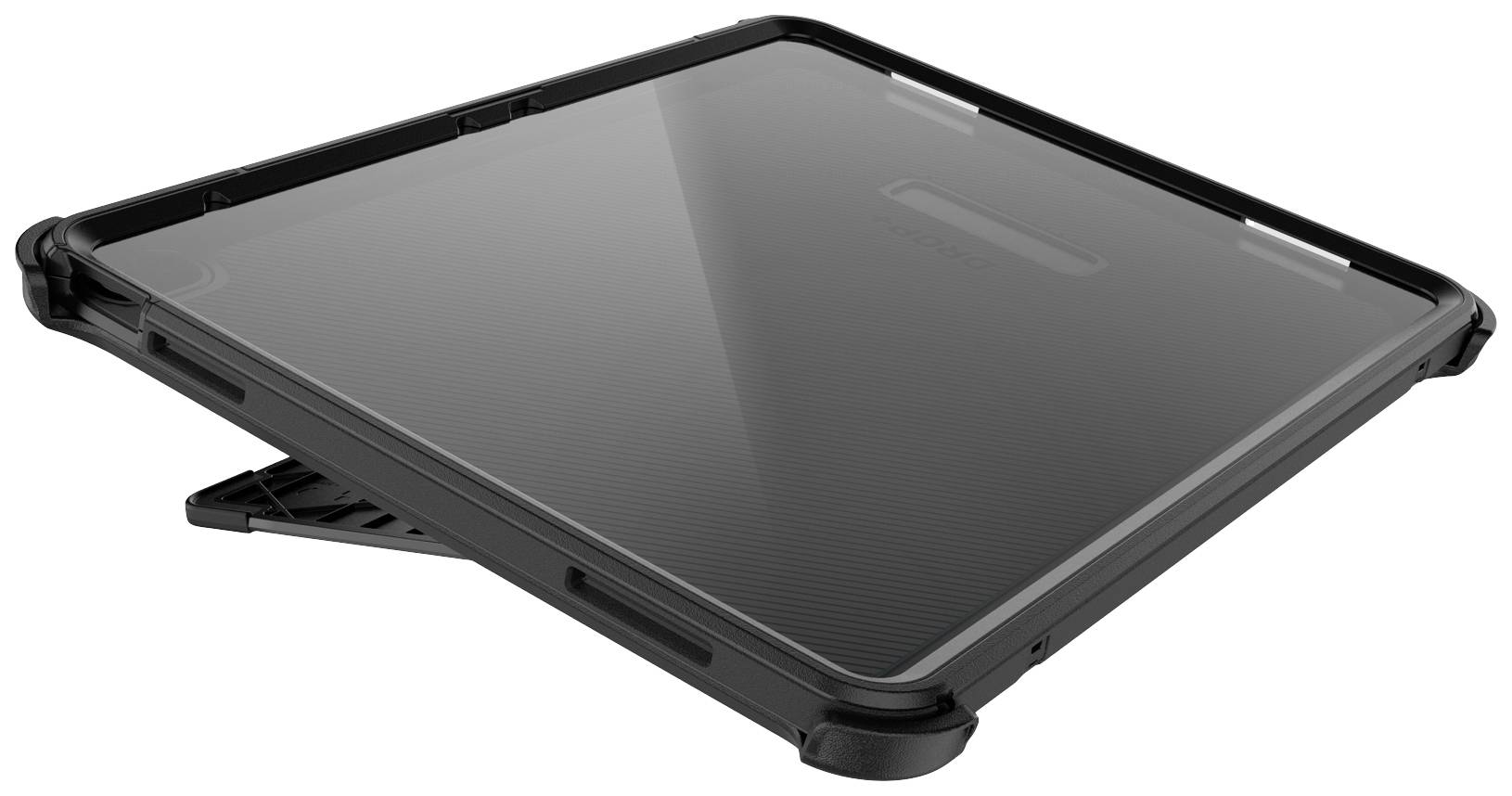 Ein flaches, schwarzes Tablet mit robustem Schutzgehäuse, das auf seiner Rückseite leicht geneigt ist.