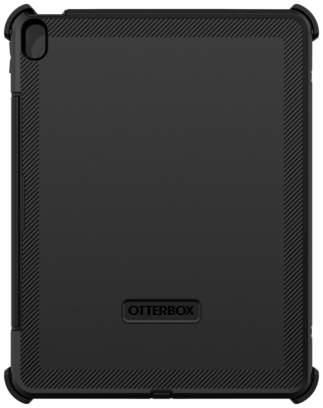 Schwarzes OtterBox Tablet-Case mit glatter Oberfläche, Kameraloch in der oberen Ecke. Logo 'OTTERBOX' in der Mitte.