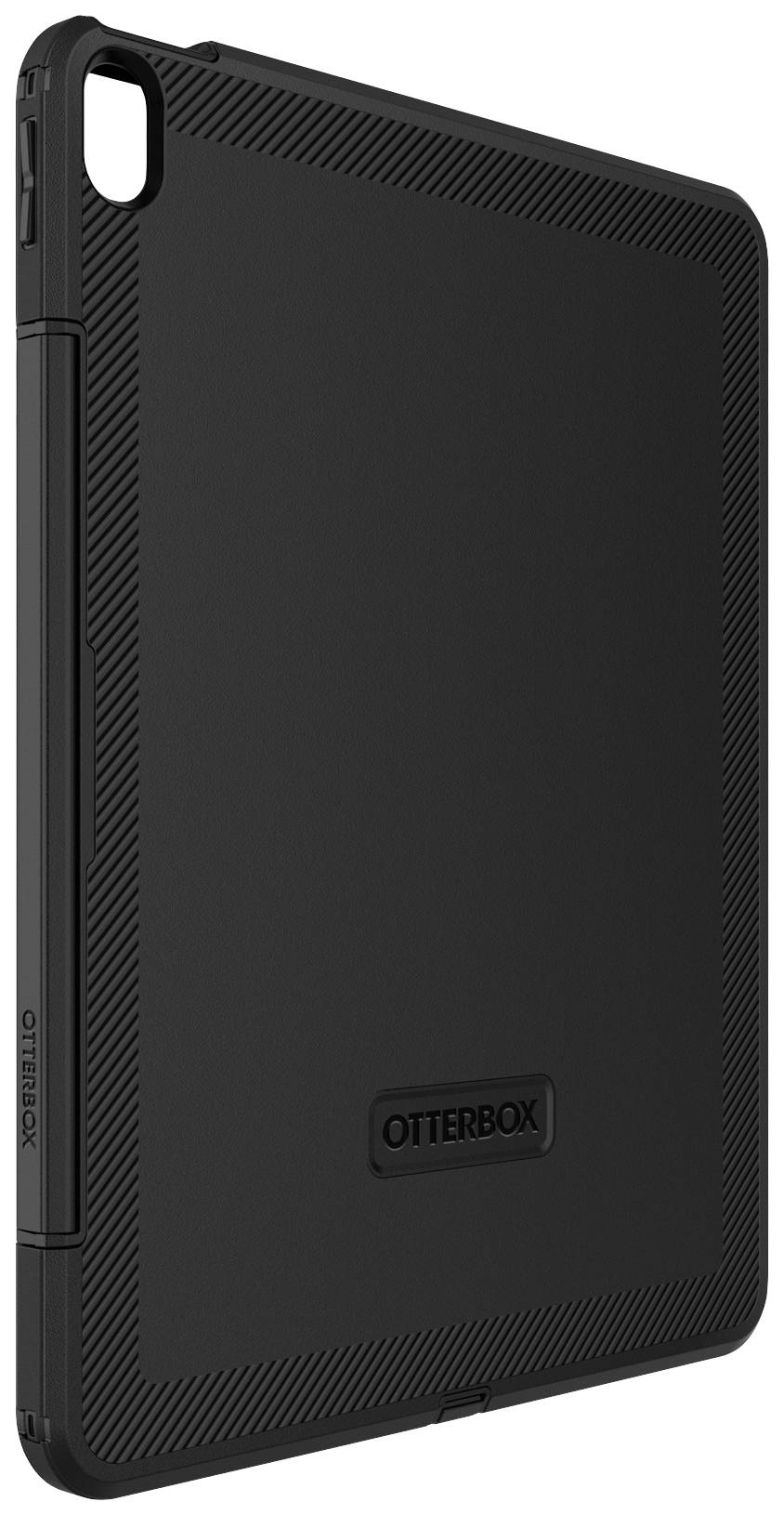 Schwarzes OtterBox-Tablet-Gehäuse, robust, eckige Struktur, schützt das Gerät vor Stößen. Geeignet für den Gebrauch unterwegs.