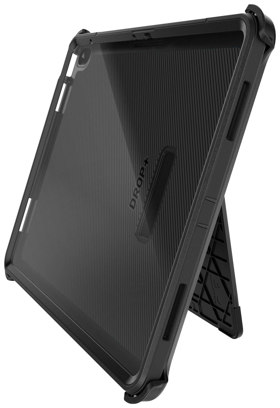 Eine schwarze Tablet-Hülle mit robustem Ständer, die für Schutz und Stabilität sorgt.