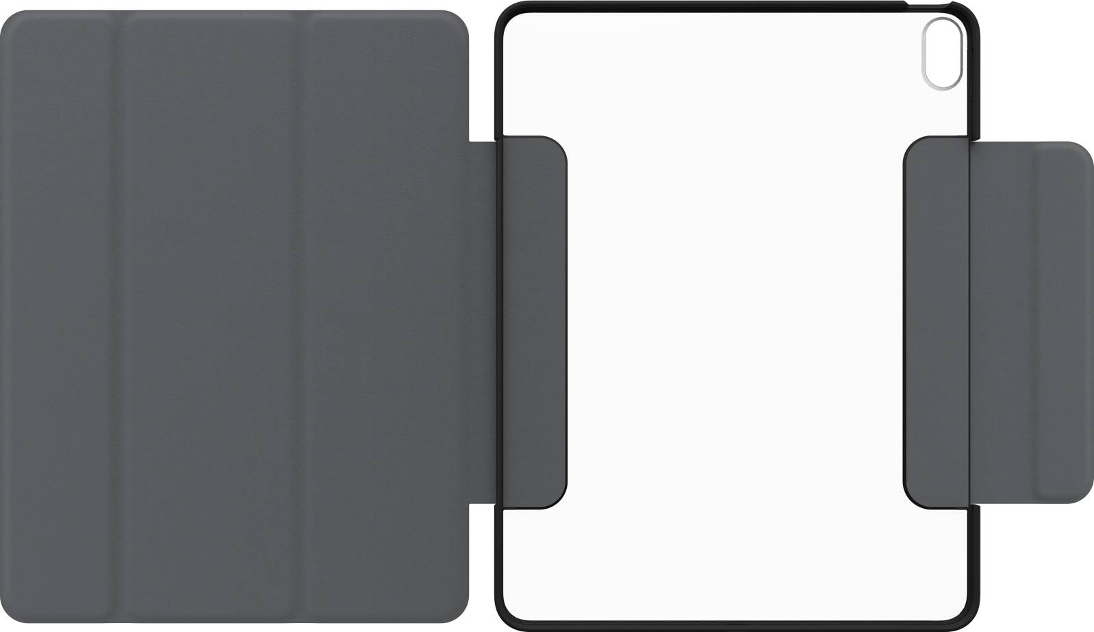 Graue Tablet-Hülle mit dreifach gefaltetem Design, das den Bildschirm teilweise verdeckt. Oberer Ecke Aussparung für Kamera.