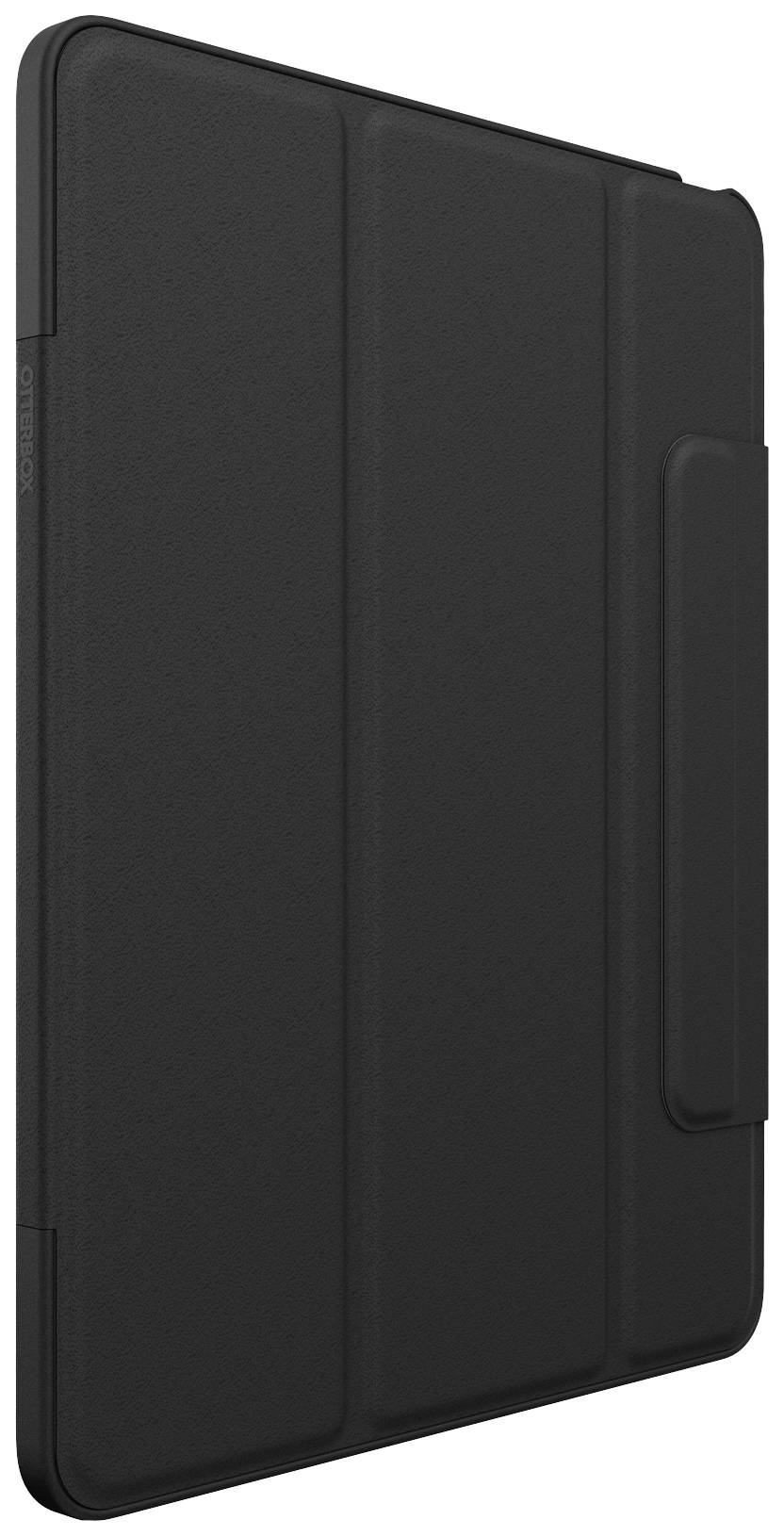 Eine schwarze Tablet-Hülle in geschlossenem Zustand, zeigt eine schlichte, minimalistische Gestaltung mit einer Klappabdeckung.