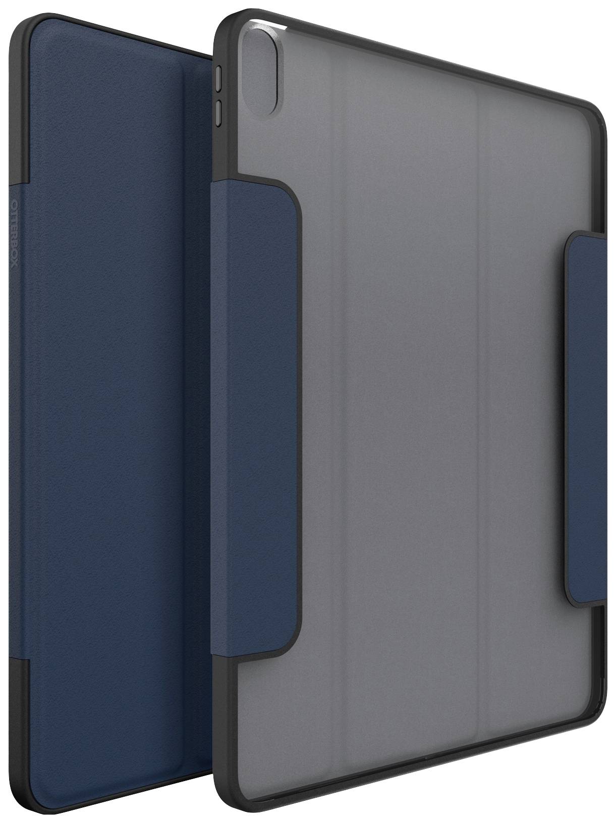 Zwei Tablet-Hüllen, eine in Blau, die andere in Grau. Beide haben eine Klappe zum Schutz des Bildschirms. Sie stehen aufrecht nebeneinander.