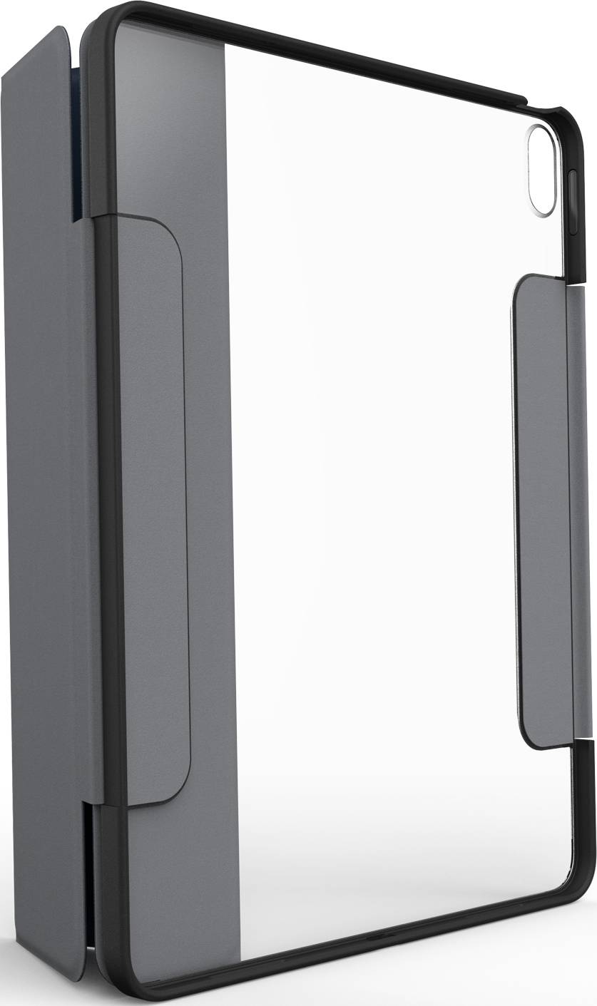 Eine schützende Tablet-Hülle mit durchsichtiger Rückseite und grauen, klappbaren Kanten. Entworfen für robusten und stilvollen Schutz.