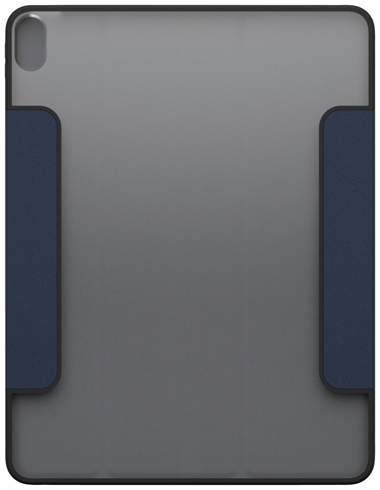 Tablet-Hülle in Grau mit dunkelblauen Klappen an den Seiten, zeigt vollständige Rückansicht. Simple und modern gestaltet.