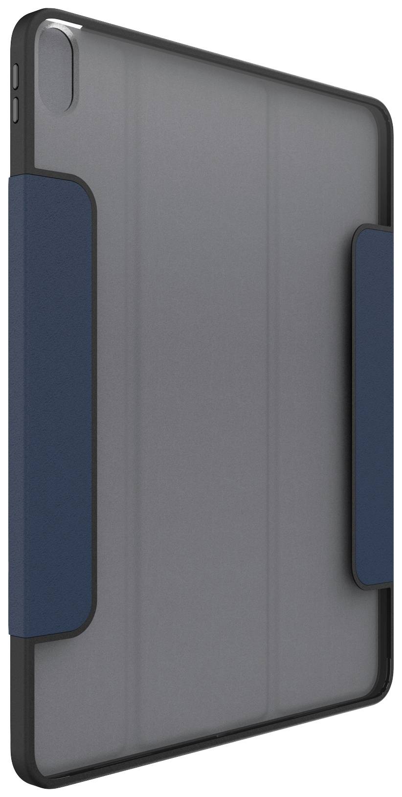 Grau-blaue Tablet-Hülle, steht aufrecht, mit schwarzem Rahmen.