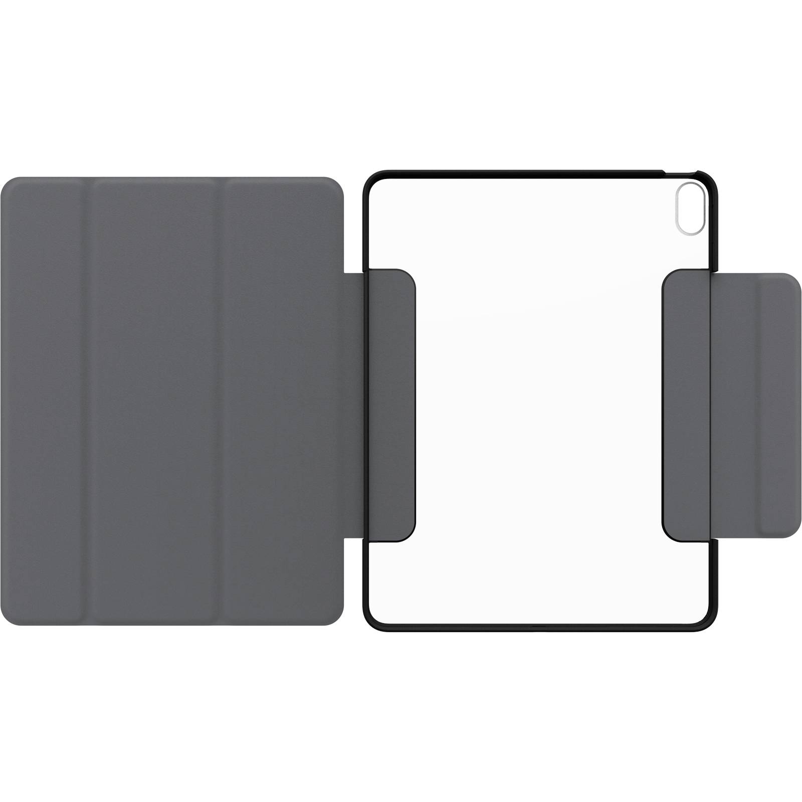 Eine graue Tablet-Hülle mit transparentem Rückteil, das geschlossene Teil links zeigt Falten zur Anpassung als Ständer.
