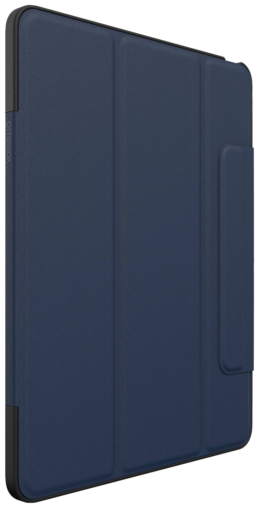 Ein dunkelblaues Tablet-Cover mit Klappdeckel, dargestellt in seitlicher Ansicht. Es bietet Schutz und hat einen schmalen Rand.