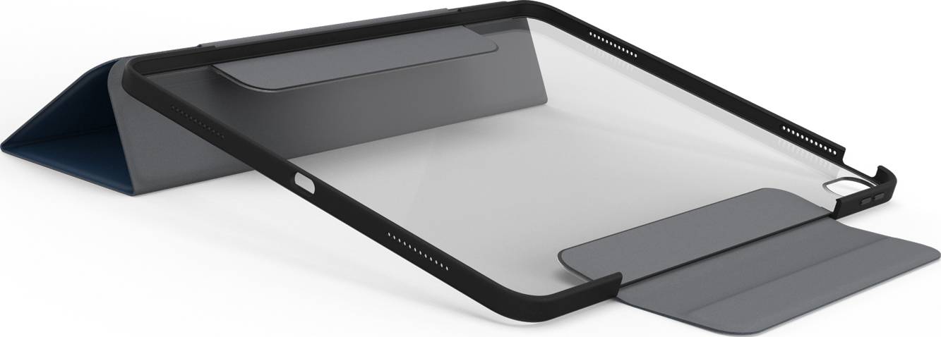 Ein schwarzes iPad-Case mit transparentem Cover und faltbarem Ständer in einer schrägen Position.