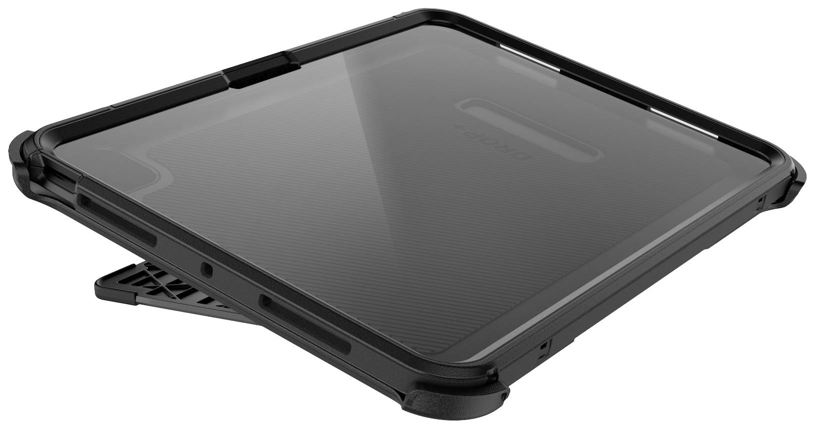 Schwarze Schutzhülle aus Plastik für Tablet, mit integriertem Ständer, flach auf einem Tisch liegend.