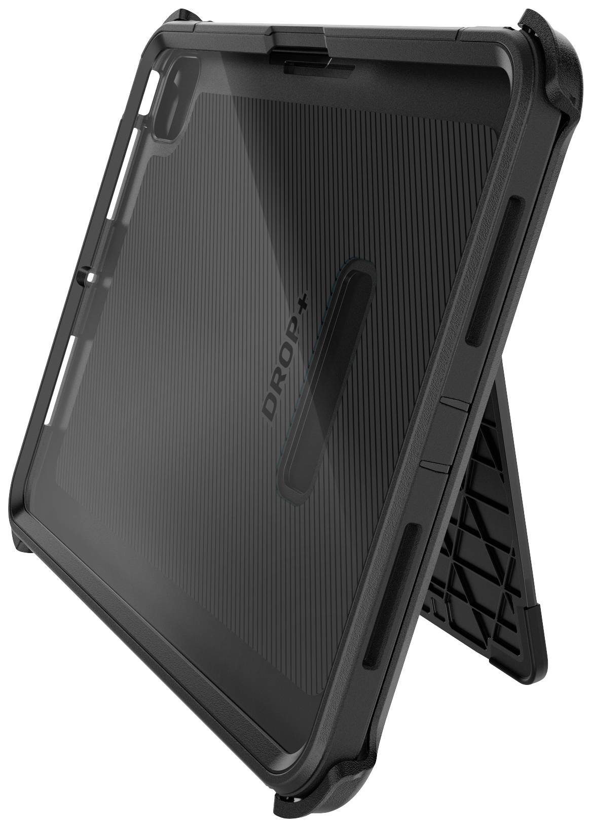 Ein robustes, schwarzes Tablet-Case mit Kickstand, das das Gerät aufrecht und stabil hält. Ideal für freihändiges Betrachten.