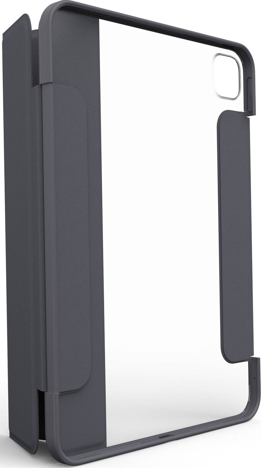 Eine schwarze Tablet-Hülle mit klarem Rückenteil und abgerundeten Ecken, stehend in einer halboffenen Position.