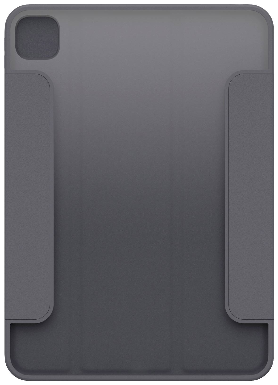 Eine graue Tablet-Hülle mit zwei Klappen an den Seiten, die das Gerät schützen.