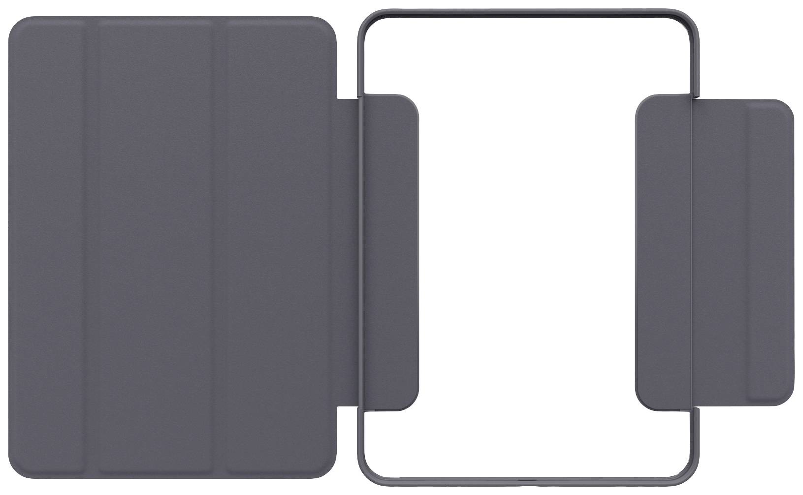 Ein graues Tablet-Cover mit einem faltbaren Frontteil und einem rechteckigen Ausschnitt auf der rechten Seite.