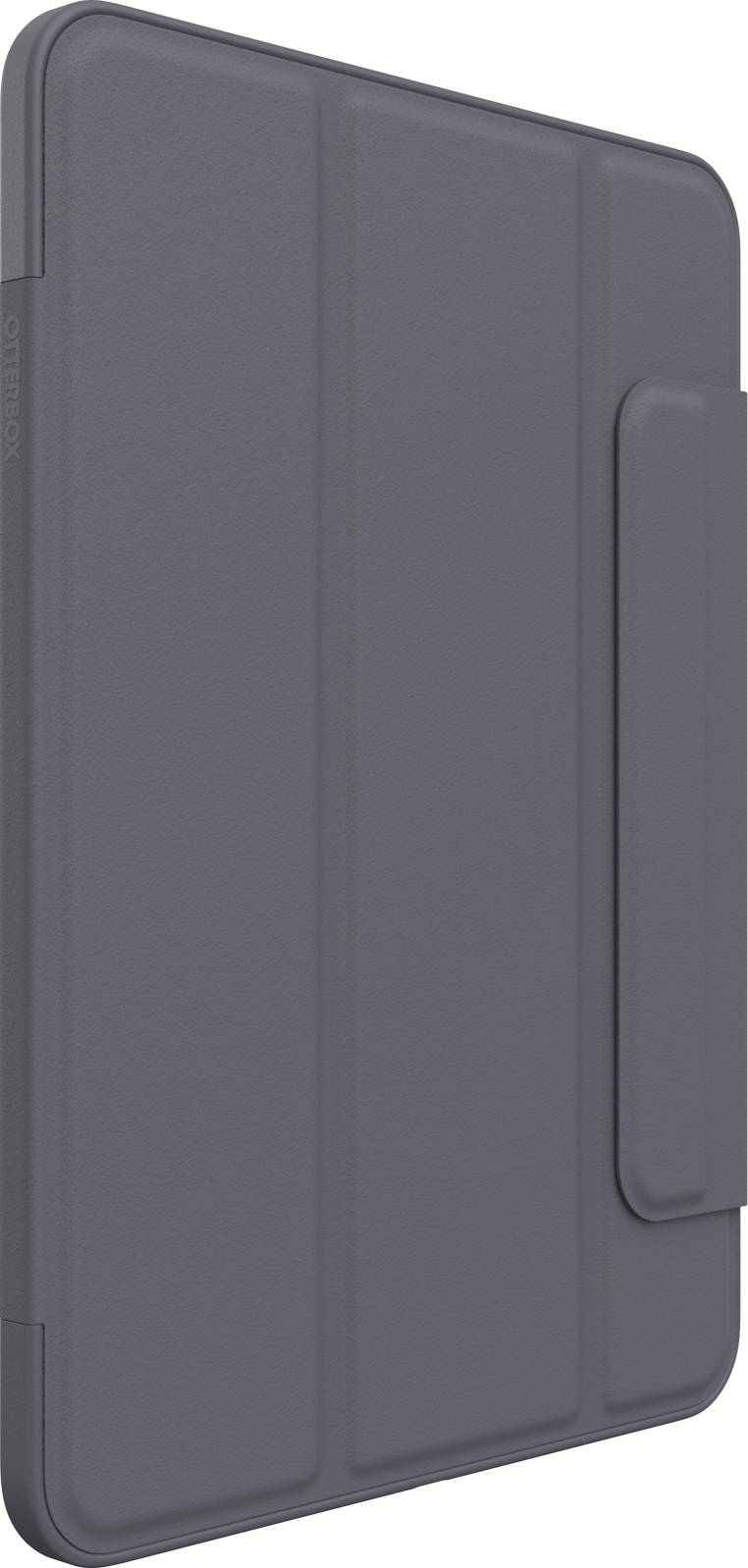 Dunkelgraue Tablet-Hülle mit faltbarem Design, geeignet für die Aufbewahrung oder den Schutz eines Tablets.