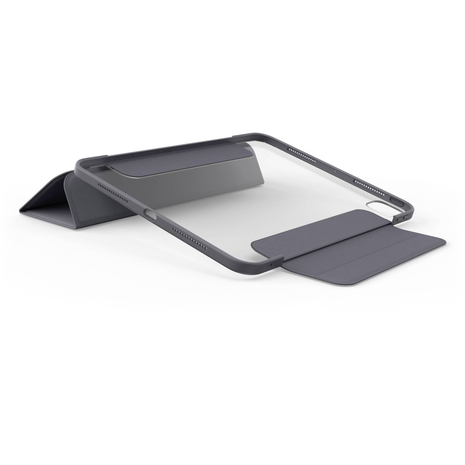 Tragbare Computervorrichtung mit verstellbarem, grauem Ständer, der eine ergonomische Nutzung und unterschiedliche Neigungswinkel ermöglicht. Ideal für Laptops und Tablets.