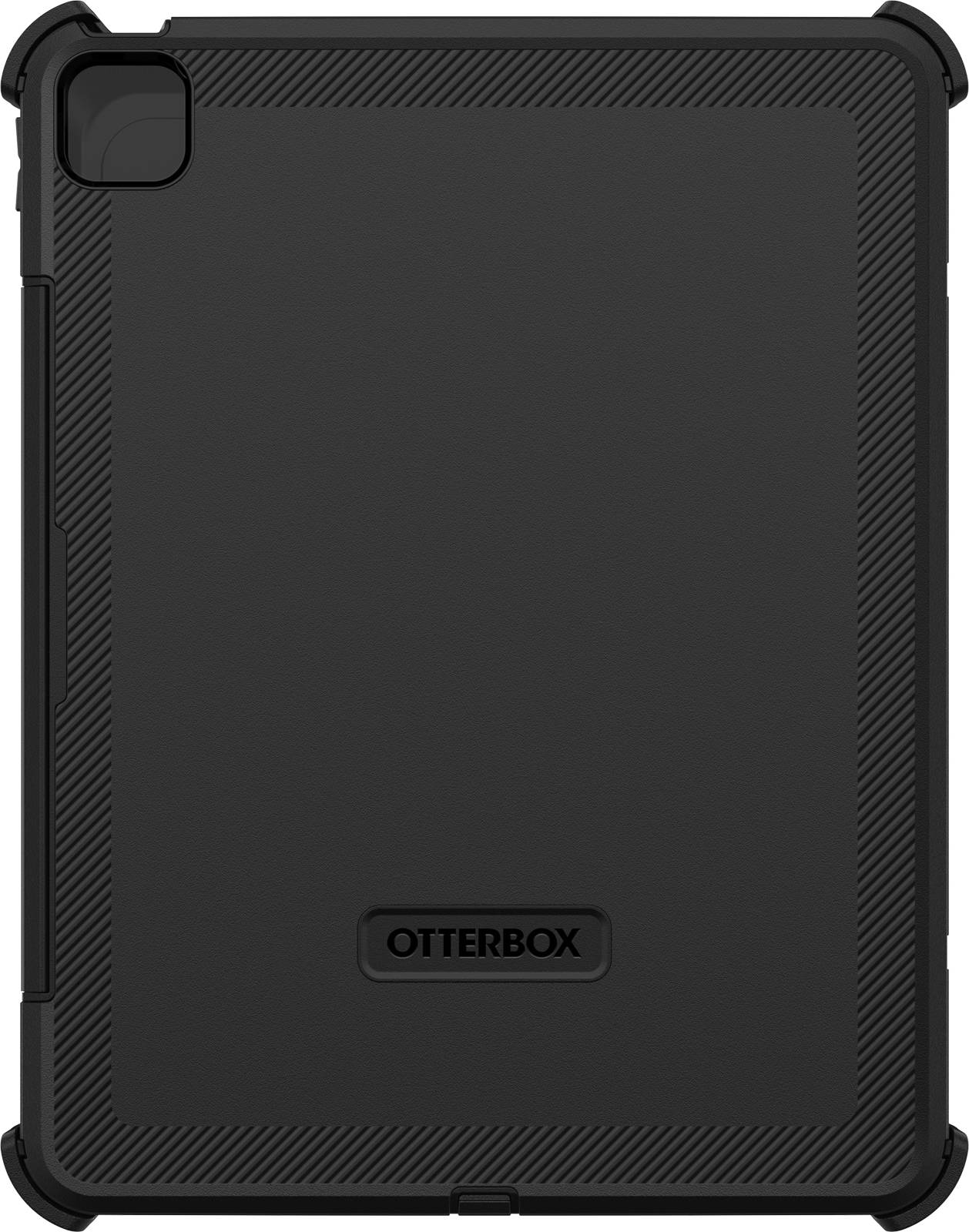 Schwarzes Otterbox-Tabletgehäuse auf einer ebenen Fläche, mit verstärkten Ecken für zusätzlichen Schutz.