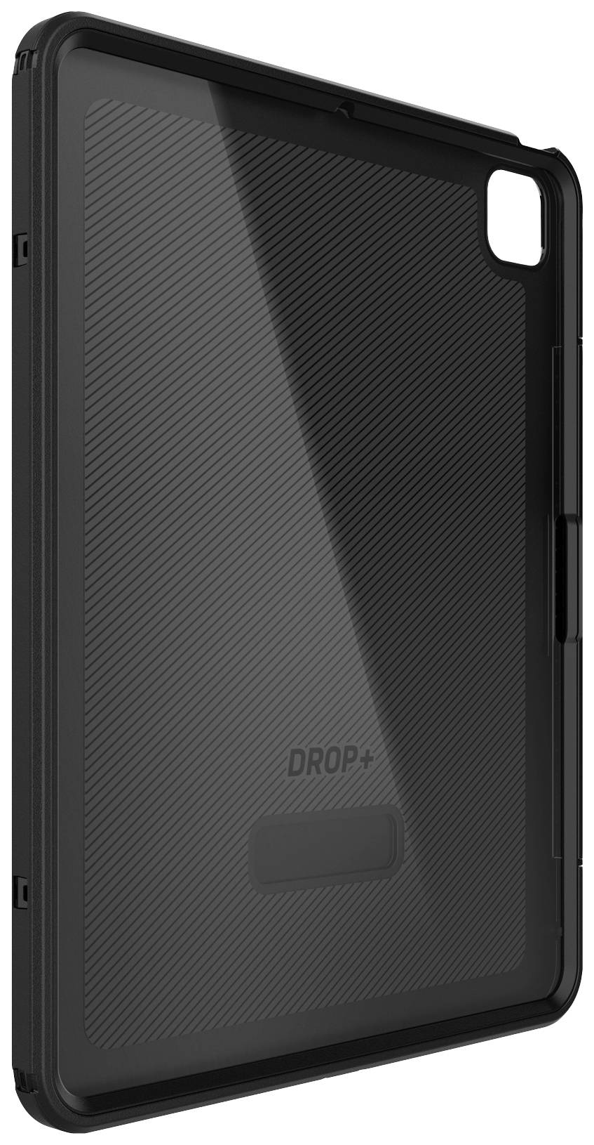 Schwarzes, robustes Tablet-Case mit geriffelter Rückseite und Aussparung für Kamera. Markierung: 'DROP+'. Schutzfunktion betont.