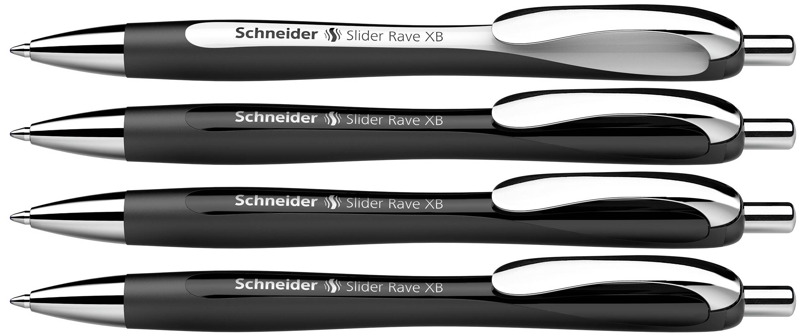 Vier Kugelschreiber mit schwarzem Gehäuse und silbernen Clips liegen parallel nebeneinander. Aufschrift: 'Schneider Slider Rave XB'.