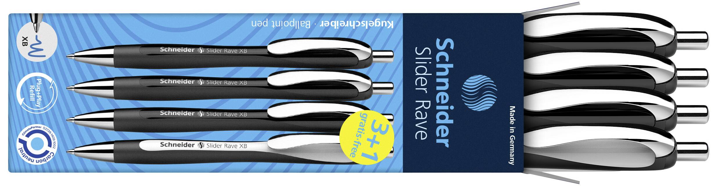 Eine Verpackung mit vier schwarzen Kugelschreibern der Marke Schneider Slider Rave, einer davon teilweise herausgezogen.