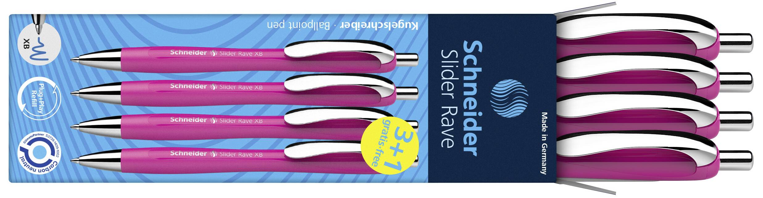 Fünf pinkfarbene Kugelschreiber der Marke Schneider in einer blauen Verpackung. Text auf der Verpackung: 'Empfehlenswert', '3+1 gratis'.