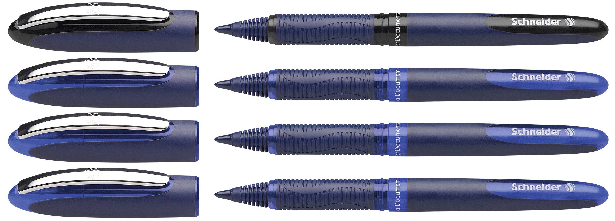 Sechs blaue Stifte von Schneider, horizontal ausgerichtet, jeweils mit Kappe separat daneben.