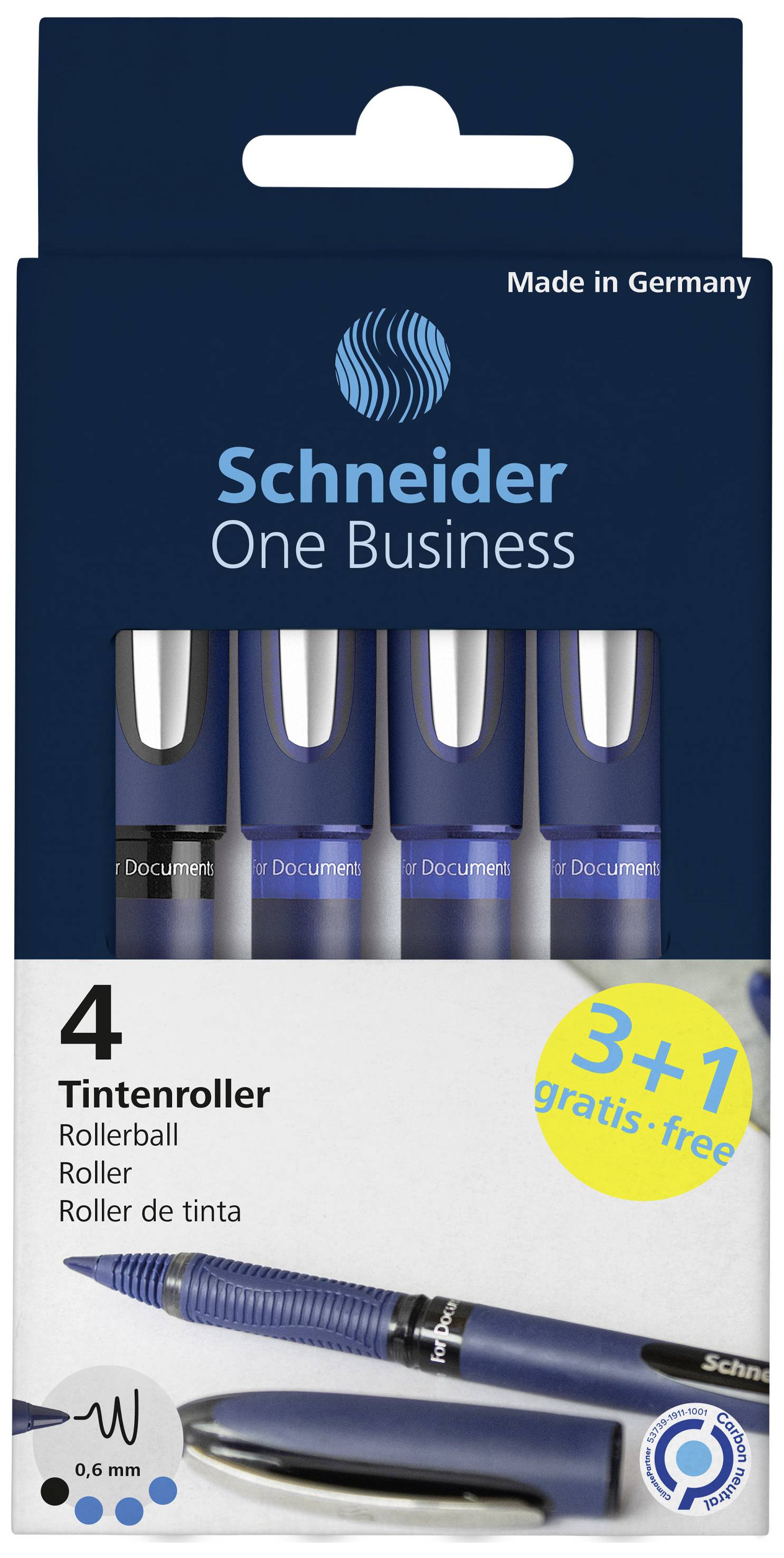 Verpackung von Tintenrollern 'Schneider One Business' mit vier Stiften, 3 + 1 gratis. Made in Germany.
