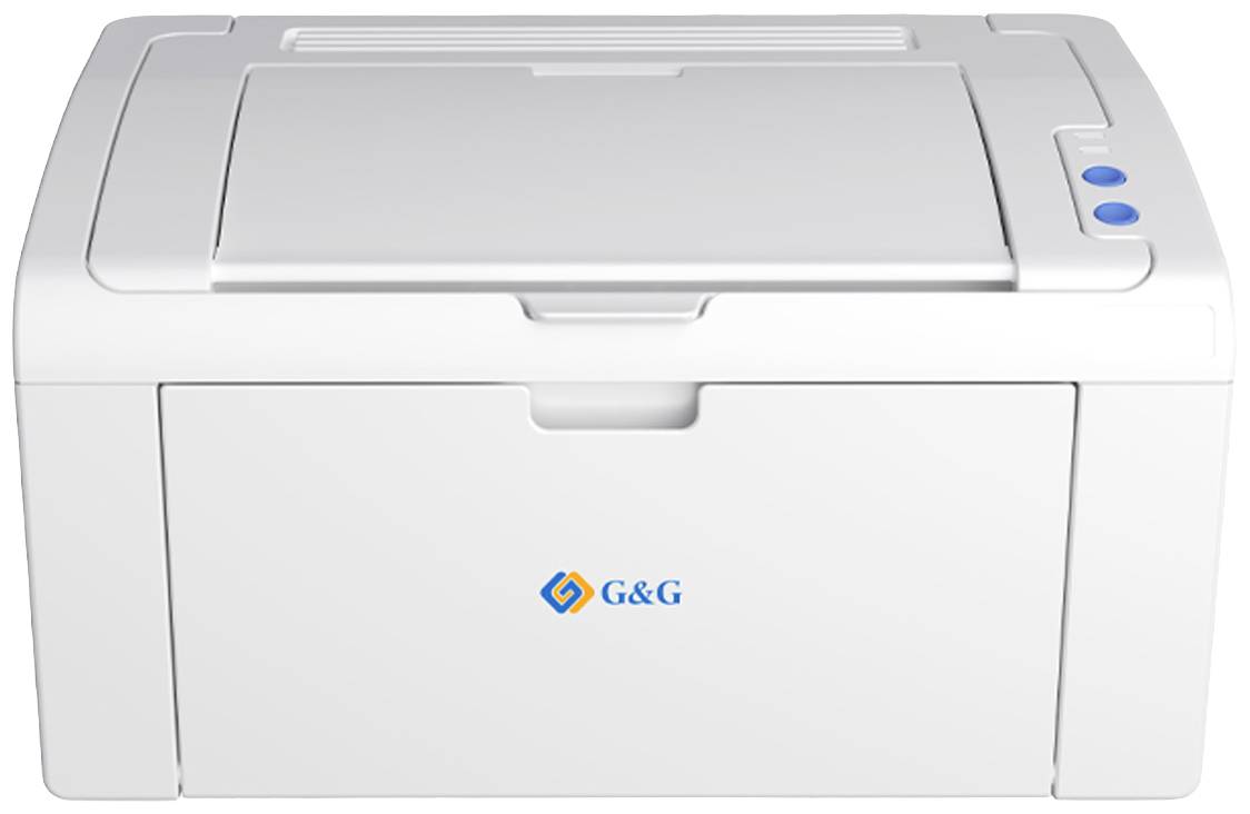 Ein weißer Drucker mit Deckel und Bedientasten. Das Logo 'G&G' ist auf der Vorderseite sichtbar.