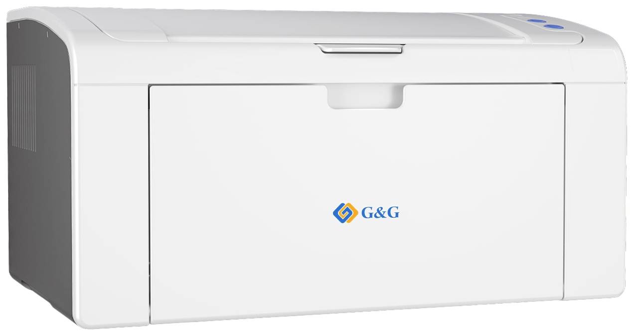 Ein weißer Drucker mit dem Logo 'G&G' auf der Vorderseite.