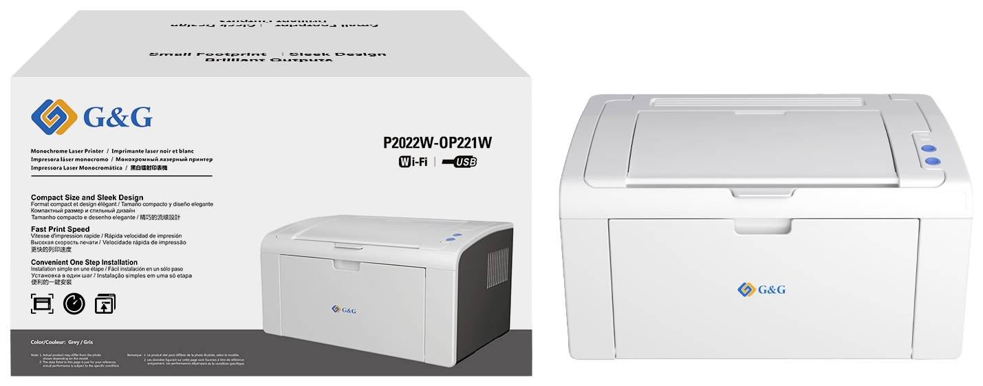 Auf dem Bild ist ein weißer Drucker von G&G mit Modellnummer P2022W-0P221W zu sehen. Links ist die Verpackung mit Produktinformationen.