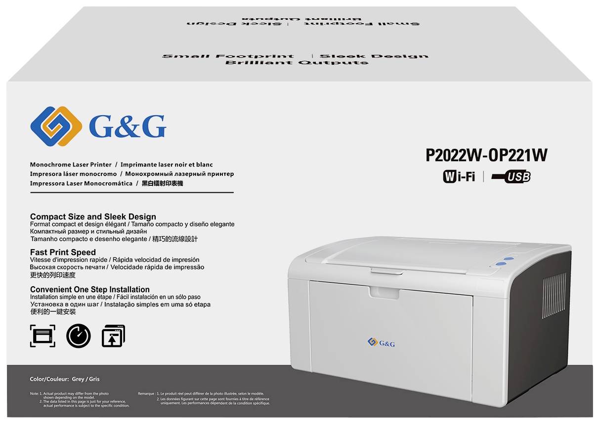 Verpackung eines G&G Monochrom-Laserdruckers. Merkmale: schnelles Drucken, kompakt, einfache USB- und Wi-Fi-Installation.