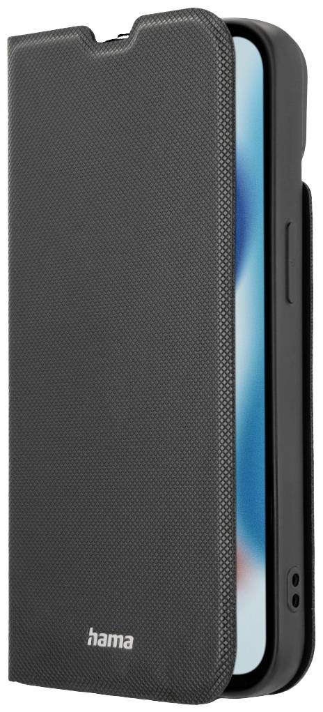 Schwarzes Hama-Handycase mit Texturoberfläche, geöffnet, zeigt ein Smartphone mit Display.