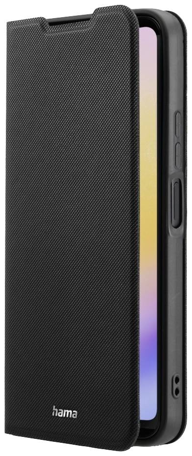 Ein Smartphone in einem schwarzen, strukturierten Klappetui, das teilweise geöffnet ist. Bildschirm zeigt bunte Benutzeroberfläche.