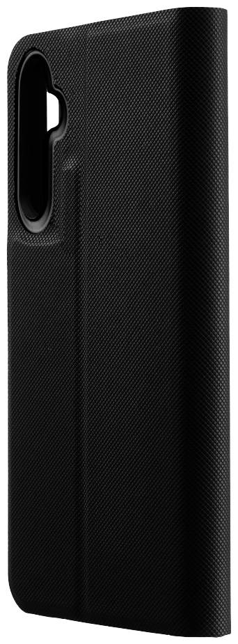 Eine schwarze Smartphone-Schutzhülle in senkrechter Ansicht, zeigt die linke Seite mit einer Kameraaussparung.