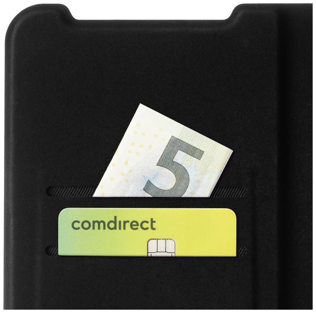 Ein schwarzes Etui mit einer gelben Kreditkarte der Marke 'comdirect' und einem herausragenden 5-Euro-Schein.